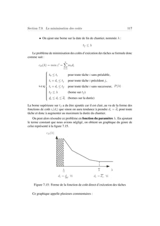 Section 7.9. La minimisation des coˆuts 117
• On ajout une borne sur la date de ﬁn de chantier, nomm´ee λ :
tf ≤ λ
Le probl`eme de minimisation des coˆuts d’ex´ecution des tˆaches se formule donc
comme suit :
cD(λ) = min z =
n
i=1
midi
s.c.q



t0 ≤ ti pour toute tˆache i sans pr´ealable,
ti + di ≤ tj pour toute tˆache i pr´ec´edent j,
ti + di ≤ tf pour toute tˆache i sans successeur,
tf ≤ λ (borne sur tf )
di ≤ di ≤ di (bornes sur la dur´ee)
P(λ)
La borne sup´erieure sur tf a du ˆetre ajout´ee car il est clair, au vu de la forme des
fonctions de coˆut ci(di) que sinon on aura tendance `a prendre di = di pout toute
tˆache et donc `a augmenter au maximum la dur´ee du chantier.
On peut alors r´esoudre ce probl`eme en fonction du param`etre λ. En ajoutant
le terme constant que nous avions n´eglig´e, on obtient un graphique du genre de
celui repr´esent´e `a la ﬁgure 7.15.
cD( )
di = di, ∀idi = di, ∀i
Figure 7.15: Forme de la fonction de coˆut direct d’ex´ecution des tˆaches
Ce graphique appelle plusieurs commentaires :
 