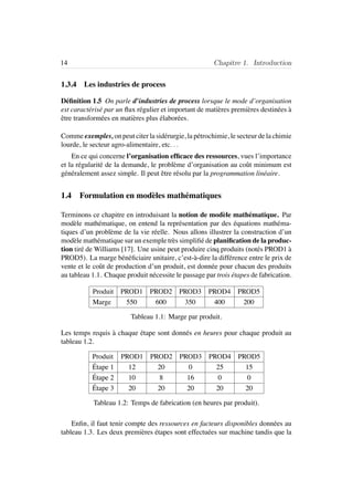 14 Chapitre 1. Introduction
1.3.4 Les industries de process
D´eﬁnition 1.5 On parle d’industries de process lorsque le mode d’organisation
est caract´eris´e par un ﬂux r´egulier et important de mati`eres premi`eres destin´ees `a
ˆetre transform´ees en mati`eres plus ´elabor´ees.
Comme exemples, on peut citer la sid´erurgie, la p´etrochimie, le secteur de la chimie
lourde, le secteur agro-alimentaire, etc. . .
En ce qui concerne l’organisation efﬁcace des ressources, vues l’importance
et la r´egularit´e de la demande, le probl`eme d’organisation au coˆut minimum est
g´en´eralement assez simple. Il peut ˆetre r´esolu par la programmation lin´eaire.
1.4 Formulation en mod`eles math´ematiques
Terminons ce chapitre en introduisant la notion de mod`ele math´ematique. Par
mod`ele math´ematique, on entend la repr´esentation par des ´equations math´ema-
tiques d’un probl`eme de la vie r´eelle. Nous allons illustrer la construction d’un
mod`ele math´ematique sur un exemple tr`es simpliﬁ´e de planiﬁcation de la produc-
tion tir´e de Williams [17]. Une usine peut produire cinq produits (not´es PROD1 `a
PROD5). La marge b´en´eﬁciaire unitaire, c’est-`a-dire la diff´erence entre le prix de
vente et le coˆut de production d’un produit, est donn´ee pour chacun des produits
au tableau 1.1. Chaque produit n´ecessite le passage par trois ´etapes de fabrication.
Produit PROD1 PROD2 PROD3 PROD4 PROD5
Marge 550 600 350 400 200
Tableau 1.1: Marge par produit.
Les temps requis `a chaque ´etape sont donn´es en heures pour chaque produit au
tableau 1.2.
Produit PROD1 PROD2 PROD3 PROD4 PROD5
´Etape 1 12 20 0 25 15
´Etape 2 10 8 16 0 0
´Etape 3 20 20 20 20 20
Tableau 1.2: Temps de fabrication (en heures par produit).
Enﬁn, il faut tenir compte des ressources en facteurs disponibles donn´ees au
tableau 1.3. Les deux premi`eres ´etapes sont effectu´ees sur machine tandis que la
 
