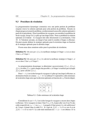 152 Chapitre 9. La programmation dynamique.
9.3 Proc´edure de r´esolution
La programmation dynamique commence avec une petite portion du probl`eme
original, trouve la solution optimale pour cette portion du probl`eme. Ensuite on
´elargit progressivement le probl`eme, en d´eterminant la nouvelle solution optimale `a
partir de la pr´ec´edente. Pour le probl`eme du voyageur, on consid`ere le probl`eme de
ﬁn de voyage, lorsqu’il n’y a plus qu’une ´etape `a faire. Pour ce probl`eme la solution
optimale est ´evidente : le voyageur doit aller directement `a sa destination, l’´etat
10. A l’it´eration suivante, on ´elargit d’une unit´e le nombre d’´etapes `a effectuer.
On peut ensuite d´eduire la strat´egie optimale pour la troisi`eme ´etape en fonction
de la strat´egie optimale pour la derni`ere ´etape.
Fixons-nous deux notations utiles pour la proc´edure de r´esolution.
D´eﬁnition 9.1 On note par x∗
t (st) la meilleure strat´egie `a l’´etape t, si on est dans
l’´etat st `a l’´etape t.
D´eﬁnition 9.2 On note par f∗
t (st) le coˆut de la meilleure strat´egie `a l’´etape t, si
on est dans l’´etat st `a l’´etape t.
La programmation dynamique va d´eterminer successivement f∗
4 (s4), f∗
3 (s3),
f∗
2 (s2) et enﬁn f∗
1 (s1) pour chaque ´etat possible st `a l’´etape t et utiliser par exemple
f∗
2 (s2) pour calculer f∗
1 (s1).
Pour t = 4, c’est-`a-dire lorsque le voyageur n’a plus qu’une ´etape `a effectuer, sa
destination ﬁnale est connue : x4 = 10. Le tableau 9.1 reprend les coˆuts minimaux
de la derni`ere ´etape ainsi que la d´ecision optimale en fonction de s4,l’´etat de d´epart.
s4 x∗
4 f∗
4 (s4)
8 10 3
9 10 4
Tableau 9.1: Coˆuts minimaux de la derni`ere ´etape
Consid´erons le cas t = 3, c’est-`a-dire lorsque le voyageur a encore deux ´etapes
`a effectuer. Si le voyageur est dans l’´etat 5 (s3 = 5), il peut aller vers 8 ou 9 `a des
coˆuts respectifs de c5,8 = 1 ou c5,9 = 4 auxquels il faut ajouter le coˆut additionnel
de l’´etape 4 donn´e dans la table 9.1. Il s’agit de f∗
4 (8) = 3 s’il va vers 8 et de
f∗
4 (9) = 4 s’il va vers 9. Le coˆut total minimum de 1 + 3 = 4 est obtenu s’il va
 