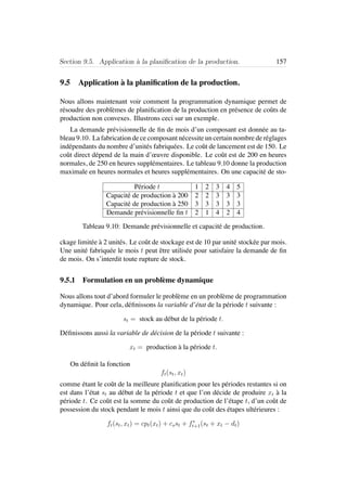 Section 9.5. Application `a la planiﬁcation de la production. 157
9.5 Application `a la planiﬁcation de la production.
Nous allons maintenant voir comment la programmation dynamique permet de
r´esoudre des probl`emes de planiﬁcation de la production en pr´esence de coˆuts de
production non convexes. Illustrons ceci sur un exemple.
La demande pr´evisionnelle de ﬁn de mois d’un composant est donn´ee au ta-
bleau 9.10. La fabrication de ce composant n´ecessite un certain nombre de r´eglages
ind´ependants du nombre d’unit´es fabriqu´ees. Le coˆut de lancement est de 150. Le
coˆut direct d´epend de la main d’œuvre disponible. Le coˆut est de 200 en heures
normales, de 250 en heures suppl´ementaires. Le tableau 9.10 donne la production
maximale en heures normales et heures suppl´ementaires. On une capacit´e de sto-
P´eriode t 1 2 3 4 5
Capacit´e de production `a 200 2 2 3 3 3
Capacit´e de production `a 250 3 3 3 3 3
Demande pr´evisionnelle ﬁn t 2 1 4 2 4
Tableau 9.10: Demande pr´evisionnelle et capacit´e de production.
ckage limit´ee `a 2 unit´es. Le coˆut de stockage est de 10 par unit´e stock´ee par mois.
Une unit´e fabriqu´ee le mois t peut ˆetre utilis´ee pour satisfaire la demande de ﬁn
de mois. On s’interdit toute rupture de stock.
9.5.1 Formulation en un probl`eme dynamique
Nous allons tout d’abord formuler le probl`eme en un probl`eme de programmation
dynamique. Pour cela, d´eﬁnissons la variable d’´etat de la p´eriode t suivante :
st = stock au d´ebut de la p´eriode t.
D´eﬁnissons aussi la variable de d´ecision de la p´eriode t suivante :
xt = production `a la p´eriode t.
On d´eﬁnit la fonction
ft(st, xt)
comme ´etant le coˆut de la meilleure planiﬁcation pour les p´eriodes restantes si on
est dans l’´etat st au d´ebut de la p´eriode t et que l’on d´ecide de produire xt `a la
p´eriode t. Ce coˆut est la somme du coˆut de production de l’´etape t, d’un coˆut de
possession du stock pendant le mois t ainsi que du coˆut des ´etapes ult´erieures :
ft(st, xt) = cpt(xt) + csst + f∗
t+1(st + xt − dt)
 
