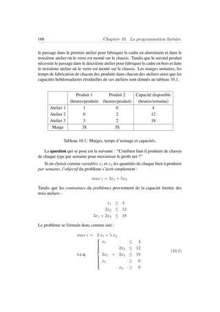 166 Chapitre 10. La programmation lin´eaire.
le passage dans le premier atelier pour fabriquer le cadre en aluminium et dans le
troisi`eme atelier o`u le verre est mont´e sur le chassis. Tandis que le second produit
n´ecessite le passage dans le deuxi`eme atelier pour fabriquer le cadre en bois et dans
le troisi`eme atelier o`u le verre est mont´e sur le chassis. Les marges unitaires, les
temps de fabrication de chacun des produits dans chacun des ateliers ainsi que les
capacit´es hebdomadaires r´esiduelles de ces ateliers sont donn´es au tableau 10.1.
Produit 1 Produit 2 Capacit´e disponible
(heures/produit) (heures/produit) (heures/semaine)
Atelier 1 1 0 4
Atelier 2 0 2 12
Atelier 3 3 2 18
Marge 3$ 5$
Tableau 10.1: Marges, temps d’usinage et capacit´es.
La question qui se pose est la suivante : “Combien faut-il produire de chassis
de chaque type par semaine pour maximiser le proﬁt net ?”
Si on choisit comme variables x1 et x2 les quantit´es de chaque bien `a produire
par semaine, l’objectif du probl`eme s’´ecrit simplement :
max z = 3x1 + 5x2.
Tandis que les contraintes du probl`emes proviennent de la capacit´e limit´ee des
trois ateliers :
x1 ≤ 4
2x2 ≤ 12
3x1 + 2x2 ≤ 18
Le probl`eme se formule donc comme suit :
max z = 3 x1 + 5 x2
s.c.q.



x1 ≤ 4
2x2 ≤ 12
3x1 + 2x2 ≤ 18
x1 ≥ 0
x2 ≥ 0
(10.1)
 