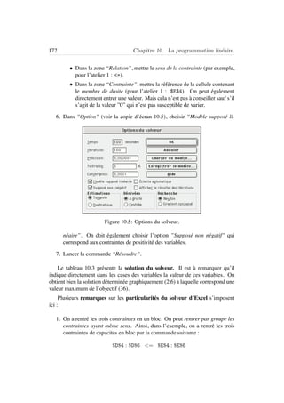 172 Chapitre 10. La programmation lin´eaire.
• Dans la zone “Relation”, mettre le sens de la contrainte (par exemple,
pour l’atelier 1 : <=).
• Dans la zone “Contrainte”, mettre la r´ef´erence de la cellule contenant
le membre de droite (pour l’atelier 1 : $E$4). On peut ´egalement
directement entrer une valeur. Mais cela n’est pas `a conseiller sauf s’il
s’agit de la valeur ”0” qui n’est pas susceptible de varier.
6. Dans ”Option” (voir la copie d’´ecran 10.5), choisir ”Mod`ele suppos´e li-
Figure 10.5: Options du solveur.
n´eaire”. On doit ´egalement choisir l’option ”Suppos´e non n´egatif” qui
correspond aux contraintes de positivit´e des variables.
7. Lancer la commande “R´esoudre”.
Le tableau 10.3 pr´esente la solution du solveur. Il est `a remarquer qu’il
indique directement dans les cases des variables la valeur de ces variables. On
obtient bien la solution d´etermin´ee graphiquement (2,6) `a laquelle correspond une
valeur maximum de l’objectif (36).
Plusieurs remarques sur les particularit´es du solveur d’Excel s’imposent
ici :
1. On a rentr´e les trois contraintes en un bloc. On peut rentrer par groupe les
contraintes ayant mˆeme sens. Ainsi, dans l’exemple, on a rentr´e les trois
contraintes de capacit´es en bloc par la commande suivante :
$D$4 : $D$6 <= $E$4 : $E$6
 