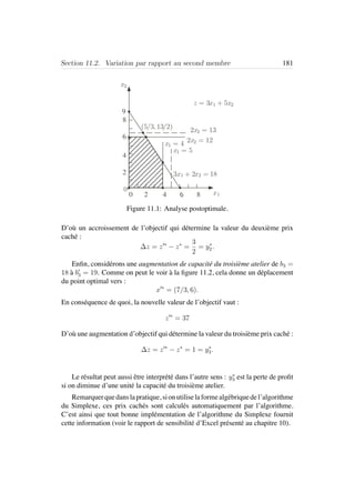 Section 11.2. Variation par rapport au second membre 181
9
8
4
2 3x1 + 2x2 = 18
x1 = 4 2x2 = 12
0
,
x1 = 5
2x2 = 13(5/3,13/2)
z = 3x1 + 5x2
2 8
x2
x1
6
640
Figure 11.1: Analyse postoptimale.
D’o`u un accroissement de l’objectif qui d´etermine la valeur du deuxi`eme prix
cach´e :
∆z = z ∗
− z∗
=
3
2
= y∗
2.
Enﬁn, consid´erons une augmentation de capacit´e du troisi`eme atelier de b3 =
18 `a b3 = 19. Comme on peut le voir `a la ﬁgure 11.2, cela donne un d´eplacement
du point optimal vers :
x ∗
= (7/3, 6).
En cons´equence de quoi, la nouvelle valeur de l’objectif vaut :
z ∗
= 37
D’o`u une augmentation d’objectif qui d´etermine la valeur du troisi`eme prix cach´e :
∆z = z ∗
− z∗
= 1 = y∗
3.
Le r´esultat peut aussi ˆetre interpr´et´e dans l’autre sens : y∗
3 est la perte de proﬁt
si on diminue d’une unit´e la capacit´e du troisi`eme atelier.
Remarquerquedanslapratique, sionutiliselaformealg´ebriquedel’algorithme
du Simplexe, ces prix cach´es sont calcul´es automatiquement par l’algorithme.
C’est ainsi que tout bonne impl´ementation de l’algorithme du Simplexe fournit
cette information (voir le rapport de sensibilit´e d’Excel pr´esent´e au chapitre 10).
 