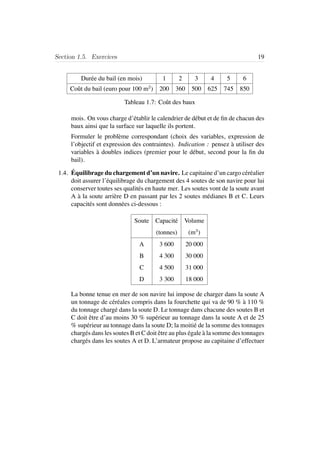 Section 1.5. Exercices 19
Dur´ee du bail (en mois) 1 2 3 4 5 6
Coˆut du bail (euro pour 100 m2
) 200 360 500 625 745 850
Tableau 1.7: Coˆut des baux
mois. On vous charge d’´etablir le calendrier de d´ebut et de ﬁn de chacun des
baux ainsi que la surface sur laquelle ils portent.
Formuler le probl`eme correspondant (choix des variables, expression de
l’objectif et expression des contraintes). Indication : pensez `a utiliser des
variables `a doubles indices (premier pour le d´ebut, second pour la ﬁn du
bail).
1.4. ´Equilibrage du chargement d’un navire. Le capitaine d’un cargo c´er´ealier
doit assurer l’´equilibrage du chargement des 4 soutes de son navire pour lui
conserver toutes ses qualit´es en haute mer. Les soutes vont de la soute avant
A `a la soute arri`ere D en passant par les 2 soutes m´edianes B et C. Leurs
capacit´es sont donn´ees ci-dessous :
Soute Capacit´e Volume
(tonnes) (m3
)
A 3 600 20 000
B 4 300 30 000
C 4 500 31 000
D 3 300 18 000
La bonne tenue en mer de son navire lui impose de charger dans la soute A
un tonnage de c´er´eales compris dans la fourchette qui va de 90 % `a 110 %
du tonnage charg´e dans la soute D. Le tonnage dans chacune des soutes B et
C doit ˆetre d’au moins 30 % sup´erieur au tonnage dans la soute A et de 25
% sup´erieur au tonnage dans la soute D; la moiti´e de la somme des tonnages
charg´es dans les soutes B et C doit ˆetre au plus ´egale `a la somme des tonnages
charg´es dans les soutes A et D. L’armateur propose au capitaine d’effectuer
 