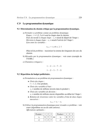 Section C.9. La programmation dynamique 229
C.9 La programmation dynamique
9.1 D´etermination du chemin critique par la programmation dynamique.
a) Formuler ce probl`eme comme un probl`eme dynamique.
Etapes : t = 1,2, 3 et 4 sont les ´etapes dans le chemin.
Etats du monde `a chaque ´etape : st = nœud de d´epart de l’´etape t.
D´ecision `a chaque ´etape : xt = nœud d’arriv´ee de l’´etape t.
Lien entre les variables :
st+1 = xt et xt ≥ 1
Objectif du probl`eme : maximiser la somme des longueurs des arcs du
chemin.
b) R´esoudre par la programmation dynamique : voir cours (exemple de
l’O.MS.)
c) Chemin(s) critique(s) :
1 − 2 − 4 − 7 − 9
1 − 2 − 5 − 7 − 9
9.2 R´epartition du budget publicitaire.
a) Formulation en un probl`eme de programmation dynamique :
• Choix des ´etapes :
t = 1, 2, 3 les produits.
• Choix des variables d’´etat :
xt = nombre de millions investis dans le produit t;
• Choix des variables de d´ecision :
st = nombre de millions encore disponibles au d´ebut de l’´etape t.
• Relation de r´ecurrence entre les variables d’´etat de deux ´etapes
sucessives :
st+1 = st − xt
b) Utilisez la programmation dynamique pour r´esoudre ce probl`eme : voir
cours (algorithme en cas de coˆut convexe).
Affectations optimales :
Produit t 1 2 3
st 6 5 3
x∗
t 1 2 3
ou
Produit t 1 2 3
st 6 3 1
x∗
t 3 2 1
 