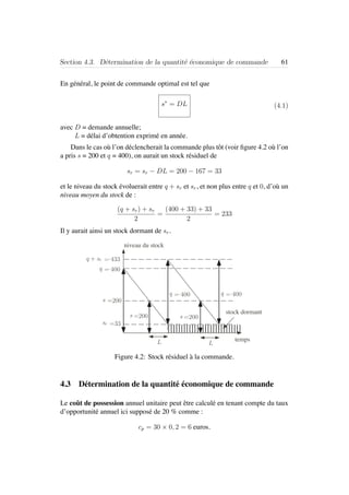 Section 4.3. D´etermination de la quantit´e ´economique de commande 61
En g´en´eral, le point de commande optimal est tel que
s∗
= DL (4.1)
avec D = demande annuelle;
L = d´elai d’obtention exprim´e en ann´ee.
Dans le cas o`u l’on d´eclencherait la commande plus tˆot (voir ﬁgure 4.2 o`u l’on
a pris s = 200 et q = 400), on aurait un stock r´esiduel de
sr = sr − DL = 200 − 167 = 33
et le niveau du stock ´evoluerait entre q + sr et sr, et non plus entre q et 0, d’o`u un
niveau moyen du stock de :
(q + sr) + sr
2
=
(400 + 33) + 33
2
= 233
Il y aurait ainsi un stock dormant de sr.
=200s
niveau du stock
tempsL L
q = 400
=200s =200s
q = 400
q = 400
=33
= 433q + sr
sr
stock dormant
Figure 4.2: Stock r´esiduel `a la commande.
4.3 D´etermination de la quantit´e ´economique de commande
Le coˆut de possession annuel unitaire peut ˆetre calcul´e en tenant compte du taux
d’opportunit´e annuel ici suppos´e de 20 % comme :
cp = 30 × 0, 2 = 6 euros.
 