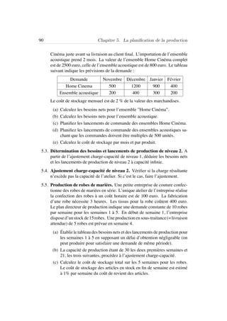 90 Chapitre 5. La planiﬁcation de la production
Cin´ema juste avant sa livraison au client ﬁnal. L’importation de l’ensemble
acoustique prend 2 mois. La valeur de l’ensemble Home Cin´ema complet
est de 2500 euro, celle de l’ensemble acoustique est de 800 euro. Le tableau
suivant indique les pr´evisions de la demande :
Demande Novembre D´ecembre Janvier F´evrier
Home Cinema 500 1200 900 400
Ensemble acoustique 200 400 300 200
Le coˆut de stockage mensuel est de 2 % de la valeur des marchandises.
(a) Calculez les besoins nets pour l’ensemble ”Home Cin´ema”.
(b) Calculez les besoins nets pour l’ensemble acoustique.
(c) Planiﬁez les lancements de commande des ensembles Home Cin´ema.
(d) Planiﬁez les lancements de commande des ensembles acoustiques sa-
chant que les commandes doivent ˆetre multiples de 500 unit´es.
(e) Calculez le coˆut de stockage par mois et par produit.
5.3. D´etermination des besoins et lancements de production de niveau 2. A
partir de l’ajustement charge-capacit´e de niveau 1, d´eduire les besoins nets
et les lancements de production de niveau 2 `a capacit´e inﬁnie.
5.4. Ajustement charge-capacit´e de niveau 2. V´eriﬁer si la charge r´esultante
n’exc`ede pas la capacit´e de l’atelier. Si c’est le cas, faire l’ajustement.
5.5. Production de robes de mari´ees. Une petite entreprise de couture confec-
tionne des robes de mari´ees en s´erie. L’unique atelier de l’entreprise r´ealise
la confection des robes `a un coˆut horaire est de 100 euro. La fabrication
d’une robe n´ecessite 3 heures. Les tissus pour la robe coˆutent 400 euro.
Le plan directeur de production indique une demande constante de 10 robes
par semaine pour les semaines 1 `a 5. En d´ebut de semaine 1, l’entreprise
dispose d’un stock de 15 robes. Une production en sous-traitance (= livraison
attendue) de 5 robes est pr´evue en semaine 4.
(a) ´Etablir le tableau des besoins nets et des lancements de production pour
les semaines 1 `a 5 en supposant un d´elai d’obtention n´egligeable (on
peut produire pour satisfaire une demande de mˆeme p´eriode).
(b) La capacit´e de production ´etant de 30 les deux premi`eres semaines et
21, les trois suivantes, proc´edez `a l’ajustement charge-capacit´e.
(c) Calculez le coˆut de stockage total sur les 5 semaines pour les robes.
Le coˆut de stockage des articles en stock en ﬁn de semaine est estim´e
`a 1% par semaine du coˆut de revient des articles.
 