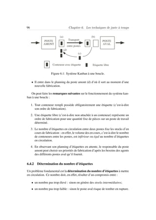 96 Chapitre 6. Les techniques de juste `a temps
POSTE
AMONT
Transport
entre postes
POSTE
AVAL
(a)
(d)
(c)
(b)
Conteneur avec étiquette Etiquette libre
Figure 6.1: Syst`eme Kanban `a une boucle.
• Il entre dans le planning du poste amont (d) d’o`u il sort au moment d’une
nouvelle fabrication.
On peut faire les remarques suivantes sur le fonctionnement du syst`eme kan-
ban `a une boucle :
1. Tout conteneur rempli poss`ede obligatoirement une ´etiquette (c’est-`a-dire
son ordre de fabrication).
2. Une ´etiquette libre (c’est-`a-dire non attach´ee `a un conteneur) repr´esente un
ordre de fabrication pour une quantit´e ﬁxe de pi`eces sur un poste de travail
d´etermin´e.
3. Le nombre d’´etiquettes en circulation entre deux postes ﬁxe les stocks d’en
cours de fabrication : en effet, le volume des en cours, c’est-`a-dire le nombre
de conteneurs entre les postes, est inf´erieur ou ´egal au nombre d’´etiquettes
en circulation.
4. En observant son planning d’´etiquettes en attente, le responsable du poste
amont peut choisir ses priorit´es de fabrication d’apr`es les besoins des agents
des diff´erents postes aval qu’il fournit.
6.4.2 D´etermination du nombre d’´etiquettes
Un probl`eme fondamental est la d´etermination du nombre d’´etiquettes `a mettre
en circulation. Ce nombre doit, en effet, r´esulter d’un compromis entre :
• un nombre pas trop ´elev´e : sinon on g´en`ere des stocks interm´ediaires;
• un nombre pas trop faible : sinon le poste aval risque de tomber en rupture.
 