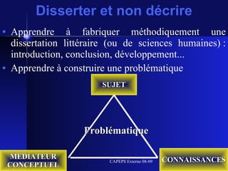 Apprendre à fabriquer méthodiquement une dissertation littéraire (ou de sciences humaines) : introduction, conclusion, développement... Apprendre à construire une problématique Disserter et non décrire SUJET MEDIATEUR CONCEPTUEL CONNAISSANCES Problématique 