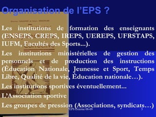 Organisation de l’EPS ? Les institutions de formation des enseignants (ENSEPS, CREPS, IREPS, UEREPS, UFRSTAPS, IUFM, Facultés des Sports...). Les institutions ministérielles de gestion des personnels et de production des instructions (Éducation Nationale, Jeunesse et Sport, Temps Libre, Qualité de la vie, Éducation nationale…). Les institutions sportives éventuellement...  L’Association sportive Les groupes de pression (Associations, syndicats…) 