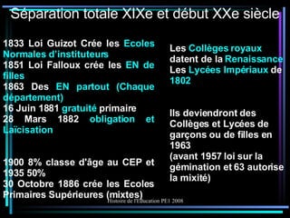 Séparation totale XIXe et début XXe siècle 1833 Loi Guizot Crée les  Ecoles Normales d’instituteurs 1851 Loi Falloux crée les  EN de filles 1863 Des  EN partout (Chaque département) 16 Juin 1881  gratuité  primaire 28 Mars 1882  obligation et Laïcisation 1900 8% classe d'âge au CEP et 1935 50% 30 Octobre 1886 crée les Ecoles Primaires Supérieures (mixtes) Les  Collèges royaux  datent de la  Renaissance Les  Lycées Impériaux  de  1802 Ils deviendront des Collèges et Lycées de garçons ou de filles en 1963  (avant 1957 loi sur la gémination et 63 autorise la mixité) 