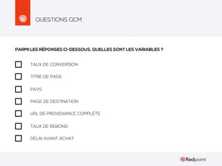 QUESTIONS QCM

PARMI LES RÉPONSES CI-DESSOUS, QUELLES SONT LES VARIABLES ?
TAUX DE CONVERSION
TITRE DE PAGE
PAYS
PAGE DE DESTINATION
URL DE PROVENANCE COMPLÈTE
TAUX DE REBOND
DÉLAI AVANT ACHAT

 