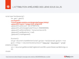 L’ATTRIBUTION AMÉLIORÉE DES LIENS SOUS GA.JS

<script type="text/javascript">
var _gaq = _gaq || [];
var pluginUrl =
'//www.google-analytics.com/plugins/ga/inpage_linkid.js';
_gaq.push(['_require', 'inpage_linkid', pluginUrl]);
_gaq.push(['_setAccount', 'UA-3779573-1']);
_gaq.push(['_setCampaignCookieTimeout', 2592000000]);
_gaq.push(['_setDomainName', '.francemarches.com']);
_gaq.push(['_setAllowAnchor', true]);
_gaq.push(['_trackPageview']);
(function() {
var ga = document.createElement('script'); ga.type = 'text/javascript'; ga.async = true;
ga.src = ('https:' == document.location.protocol ? 'https://ssl' : 'http://www') + '.googleanalytics.com/ga.js';
var s = document.getElementsByTagName('script')[0]; s.parentNode.insertBefore(ga, s);
})();
</script>

http://www.hub-sales.fr/blog/le-marquage-web-analytics-l%E2%80%99etape-cruciale/

 