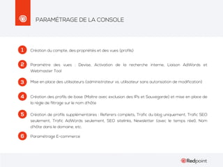 PARAMÉTRAGE DE LA CONSOLE

1

Création du compte, des propriétés et des vues (profils)

2

Paramètre des vues : Devise, Activation de la recherche interne, Liaison AdWords et
Webmaster Tool

3

Mise en place des utilisateurs (administrateur vs. utilisateur sans autorisation de modification)

4

Création des profils de base (Maître avec exclusion des IPs et Sauvegarde) et mise en place de
la règle de filtrage sur le nom d’hôte

5

Création de profils supplémentaires : Referers complets, Trafic du blog uniquement, Trafic SEO
seulement, Trafic AdWords seulement, SEO sitelinks, Newsletter (avec le temps réel), Nom
d’hôte dans le domaine, etc.

6

Paramétrage E-commerce

 