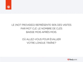 LE (NOT PROVIDED) REPRÉSENTE 90% DES VISITES
PAR MOT CLÉ. LE NOMBRE DE CLÉS
BAISSE MOIS APRÈS MOIS.
OÙ ALLEZ-VOUS POUR ÉVALUER
VOTRE LONGUE TRAÎNE?

 