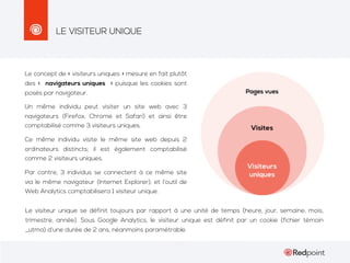 LE VISITEUR UNIQUE

Le concept de « visiteurs uniques » mesure en fait plutôt
des «   navigateurs uniques   » puisque les cookies sont
posés par navigateur.
Un même individu peut visiter un site web avec 3
navigateurs (Firefox, Chrome et Safari) et ainsi être
comptabilisé comme 3 visiteurs uniques.
Ce même individu visite le même site web depuis 2
ordinateurs distincts; il est également comptabilisé
comme 2 visiteurs uniques.
Par contre, 3 individus se connectent à ce même site
via le même navigateur (Internet Explorer), et l’outil de
Web Analytics comptabilisera 1 visiteur unique.
Le visiteur unique se définit toujours par rapport à une unité de temps (heure, jour, semaine, mois,
trimestre, année). Sous Google Analytics, le visiteur unique est définit par un cookie (fichier témoin 
_utma) d’une durée de 2 ans, néanmoins paramétrable.

 