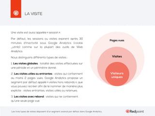 LA VISITE

Une visite est aussi appelée « session ».
Par défaut, les sessions ou visites expirent après 30
minutes d'inactivité sous Google Analytics (cookie
_utmb) comme sur la plupart des outils de Web
Analytics.
Nous distinguons différents types de visites :
1. Les visites globales : totalité des visites effectuées sur
une période et un périmètre donné.
2. Les visites utiles ou entrantes : visites qui contiennent
au moins 2 pages vues. Google Analytics propose un
segment par défaut appelé « visites hors rebonds », que
vous pouvez recréer afin de le nommer de manière plus
explicite : visites entrantes, visites utiles ou retenues.
3. Les visites avec rebond : visites qui ne contiennent
qu'une seule page vue.

Les trois types de visites disposent d’un segment avancé par défaut dans Google Analytics.

 