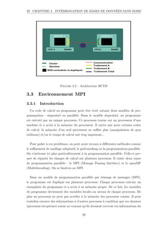 29 CHAPITRE 3. INTÉRROGATION DE BASES DE DONNÉES SANS SGBD
Figure 3.2 – Architecture BCTD
3.3 Environnement MPI
3.3.1 Introduction
Un code de calcul ou programme peut être écrit suivant deux modèles de pro-
grammation : séquentiel ou parallèle. Dans le modèle séquentiel, un programme
est exécuté par un unique processus. Ce processus tourne sur un processeur d’une
machine et a accès à la mémoire du processeur. Il arrive que pour certains codes
de calcul, la mémoire d’un seul processeur ne suffise plus (manipulation de gros
tableaux) et/ou le temps de calcul soit trop important...
Pour palier à ces problèmes, on peut avoir recours à différentes méthodes comme
le raffinement de maillage adaptatif, le grid-meshing ou la programmation parallèle.
On s’intéresse ici plus particulièrement à la programmation parallèle. Celle-ci per-
met de répartir les charges de calcul sur plusieurs processus. Il existe deux types
de programmation parallèle : le MPI (Message Passing Interface) et le openMP
(Multithreading). On se limitera au MPI.
Dans un modèle de programmation parallèle par échange de messages (MPI),
le programme est dupliqué sur plusieurs processus. Chaque processus exécute un
exemplaire du programme et a accès à sa mémoire propre. De ce fait, les variables
du programme deviennent des variables locales au niveau de chaque processus. De
plus un processus ne peut pas accéder à la mémoire des processus voisins. Il peut
toutefois envoyer des informations à d’autres processus à condition que ces derniers
(processus récepteurs) soient au courant qu’ils devaient recevoir ces informations du
29
 