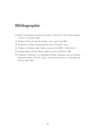 Bibliographie
[1] R.Grin. Introduction aux bases de données. Université de Nice Sophia-Antipolis
Version 2.1, decembre 2000.
[2] P.Rigaux. Cours de bases de données. cours, page 9, juin 2001.
[3] JP.Antoni et Y.Flety. Introduction aux bases de données. cours.
[4] C.Marée et G.Ledant. Sql2. Edition Armand Colin ISBN : 2-200-21411-1.
[5] G.jamal eddine. Sécurité dans les grilles de calcul. phD thesis, 2004.
[6] Y.Zakaria et B.Fayssal. Les algorithmes itératifs asynhrones dans les systèmes
distribués volatiles. Thèse de master, Université des Sciences et Technologies de
tlemcen, juillet 2011.
43
 