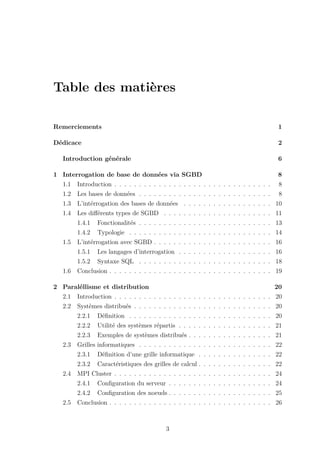 Table des matières
Remerciements 1
Dédicace 2
Introduction générale 6
1 Interrogation de base de données via SGBD 8
1.1 Introduction . . . . . . . . . . . . . . . . . . . . . . . . . . . . . . . . 8
1.2 Les bases de données . . . . . . . . . . . . . . . . . . . . . . . . . . . 8
1.3 L’intérrogation des bases de données . . . . . . . . . . . . . . . . . . 10
1.4 Les différents types de SGBD . . . . . . . . . . . . . . . . . . . . . . 11
1.4.1 Fonctionalités . . . . . . . . . . . . . . . . . . . . . . . . . . . 13
1.4.2 Typologie . . . . . . . . . . . . . . . . . . . . . . . . . . . . . 14
1.5 L’intérrogation avec SGBD . . . . . . . . . . . . . . . . . . . . . . . . 16
1.5.1 Les langages d’interrogation . . . . . . . . . . . . . . . . . . . 16
1.5.2 Syntaxe SQL . . . . . . . . . . . . . . . . . . . . . . . . . . . 18
1.6 Conclusion . . . . . . . . . . . . . . . . . . . . . . . . . . . . . . . . . 19
2 Paraléllisme et distribution 20
2.1 Introduction . . . . . . . . . . . . . . . . . . . . . . . . . . . . . . . . 20
2.2 Systèmes distribués . . . . . . . . . . . . . . . . . . . . . . . . . . . . 20
2.2.1 Définition . . . . . . . . . . . . . . . . . . . . . . . . . . . . . 20
2.2.2 Utilité des systèmes répartis . . . . . . . . . . . . . . . . . . . 21
2.2.3 Exemples de systèmes distribués . . . . . . . . . . . . . . . . . 21
2.3 Grilles informatiques . . . . . . . . . . . . . . . . . . . . . . . . . . . 22
2.3.1 Définition d’une grille informatique . . . . . . . . . . . . . . . 22
2.3.2 Caractéristiques des grilles de calcul . . . . . . . . . . . . . . . 22
2.4 MPI Cluster . . . . . . . . . . . . . . . . . . . . . . . . . . . . . . . . 24
2.4.1 Configuration du serveur . . . . . . . . . . . . . . . . . . . . . 24
2.4.2 Configuration des noeuds . . . . . . . . . . . . . . . . . . . . . 25
2.5 Conclusion . . . . . . . . . . . . . . . . . . . . . . . . . . . . . . . . . 26
3
 