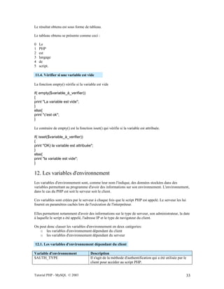 Tutorial PHP - MySQL © 2003 33
Le résultat obtenu est sous forme de tableau.
Le tableau obtenu se présente comme ceci :
0 Le
1 PHP
2 est
3 langage
4 de
5 script.
11.4. Vérifier si une variable est vide
La fonction empty() vérifie si la variable est vide
if( empty($variable_à_verifier))
{
print "La variable est vide";
}
else{
print "c'est ok";
}
Le contraire de empty() est la fonction isset() qui vérifie si la variable est attribuée.
if( isset($variable_à_verifier))
{
print "OK) la variable est attribuée";
}
else{
print "la variable est vide";
}
12. Les variables d'environnement
Les variables d'environnement sont, comme leur nom l'indique, des données stockées dans des
variables permettant au programme d'avoir des informations sur son environnement. L'environnement,
dans le cas du PHP est soit le serveur soit le client.
Ces variables sont créées par le serveur à chaque fois que le script PHP est appelé. Le serveur les lui
fournit en paramètres cachés lors de l'exécution de l'interpréteur.
Elles permettent notamment d'avoir des informations sur le type de serveur, son administrateur, la date
à laquelle le script a été appelé, l'adresse IP et le type de navigateur du client.
On peut donc classer les variables d'environnement en deux catégories:
o les variables d'environnement dépendant du client
o les variables d'environnement dépendant du serveur
12.1. Les variables d'environnement dépendant du client
Variable d'environnement Description
$AUTH_TYPE Il s'agit de la méthode d'authentification qui a été utilisée par le
client pour accéder au script PHP.
 