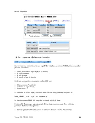 Tutorial PHP - MySQL © 2003 44
Ou tout simplement :
18. Se connecter à la base de données
18.1. La connexion à la base de données depuis PHP
Pour pouvoir vous connecter depuis une page PHP à votre base de données MySQL, il faudra spécifier
plusieurs paramètres :
o l'hôte (le serveur sur lequel MySQL est installé).
o le login utilisateur.
o le mot de passe.
o le nom de la base de données.
Par défaut, les paramètres mis en place par EasyPHP sont :
o hôte ou serveur : "localhost".
o username ou login : "root".
o mot de passe : "".
La connexion au serveur MySQL s'effectue par la fonction msql_connect(). Sa syntaxe est :
msql_connect ( 'hôte', 'login', 'mot de passe' )
La fonction retourne TRUE si la connexion est réussie et FALSE sinon.
Il est possible d'interrompre le processus afin d'éviter les erreurs en cascade. Deux méthodes
permettent d'effectuer cette opération :
o Le stockage du résultat de l'exécution de la fonction dans une variable. Par exemple :
 