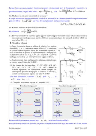 Puisque l'une des deux grandeurs (tension et courant) est sinusoïdale alors le fondamental « transporte » la
puissance réactive ; on peut donc écrire :  Q=V
I1max
√2
sinϕ1  soit  P=
220×18,4
√2
sin 32,5=1538 var
1.5. Quelle est la puissance apparente S de la source ?
C'est par définition le produit des valeurs efficaces de la tension et de l'intensité en entrée du gradateur (on ne
peut pas utiliser  S=√P
2
+Q
2
 car l'une des deux grandeurs n'est pas sinusoïdale) :
  S=V Ieff=220×15,6=3432 VA
1.6. Calculer le facteur de puissance de l’installation.
Par définition  k=
P
S
=
2420
3432
=0,705
1.7. Proposer une méthode (schéma, type d’appareil à utiliser) pour mesurer la valeur efficace du courant, la
puissance active et la puissance réactive. Préciser les caractéristiques des appareils à utiliser (RMS ou
non, AC ou DC, …).
2.  Gradateur triphasé
La figure ci­contre en donne un schéma de principe. Les tensions
sinusoïdales va, vb et vc ont même valeur efficace V et constituent
un système triphasé équilibré direct. Sur le document réponse n°2
(voir ci­dessous), on précise le séquencement de l’amorçage des
six thyristors dans le cas où j0 = 30°. On a toujours V = 220 V et
la charge est résistive. Les interrupteurs sont supposés idéaux.
Le fonctionnement étant parfaitement symétrique, on étudie dans
un premier temps l’intervalle [0, 180°].
2.1. Sur chacun des six intervalles : [0°, 30°], [30°, 60°], [60°,
90°],   [90°,   120°],   [120°,   150°],   [150°,   180°],   donner   un
schéma   équivalent   de   l’installation   tenant   compte   des
interrupteurs passants et expliquer la forme de la tension uCa
donnée sur le document réponse n°2 entre 0° et 180°.
Voir deux possibilités ci­dessous ( v1(t )   pour   va , … et
uc1(t )  pour  uCa , …) :
2.2. Compléter le document réponse n°2 sur [180°, 360°].
Trois thyristors passants Deux thyristors passants
Lorsque trois thyristors sont passants alors  uCa=v1  (système triphasé équilibré).
Lorsque deux thyristors sont passants : on prend l'exemple de droite de la page précédente. La loi des mailles
Corrigé gradateurs 2 TS2ET 2014­2015
 