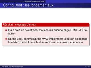 Un premier projet Spring Boot
Spring Boot : les fondamentaux
Résultat : message d’erreur
On a créé un projet web, mais on n’a aucune page HTML, JSP ou
autre
Spring Boot, comme Spring MVC, implémente le patron de concep-
tion MVC, donc il nous faut au moins un contrôleur et une vue.
Mai 2018, M2I Aix en Provence 15 / 72
 