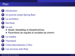 Plan
1 Introduction
2 Un premier projet Spring Boot
3 Le contrôleur
4 DevTools
5 La vue
Model, ModelMap et ModelAndView
Paramètres de requête et variables de chemin
6 Le modèle
7 Thymeleaf
8 L’internationalisation (i18n)
9 Les services web Rest
Mai 2018, M2I Aix en Provence 2 / 72
 