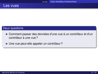 La vue Model, ModelMap et ModelAndView
Les vues
Deux questions
Comment passer des données d’une vue à un contrôleur et d’un
contrôleur à une vue?
Une vue peut-elle appeler un contrôleur?
Mai 2018, M2I Aix en Provence 31 / 72
 