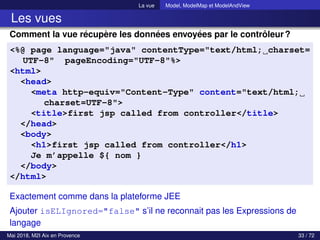 La vue Model, ModelMap et ModelAndView
Les vues
Comment la vue récupère les données envoyées par le contrôleur?
<%@ page language="java" contentType="text/html; charset=
UTF-8" pageEncoding="UTF-8"%>
<html>
<head>
<meta http-equiv="Content-Type" content="text/html;
charset=UTF-8">
<title>first jsp called from controller</title>
</head>
<body>
<h1>first jsp called from controller</h1>
Je m’appelle ${ nom }
</body>
</html>
Exactement comme dans la plateforme JEE
Ajouter isELIgnored="false" s’il ne reconnait pas les Expressions de
langage
Mai 2018, M2I Aix en Provence 33 / 72
 