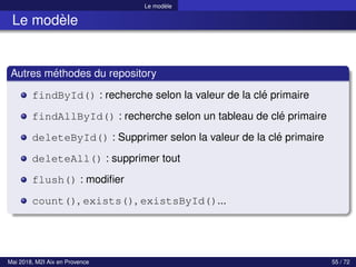 Le modèle
Le modèle
Autres méthodes du repository
findById() : recherche selon la valeur de la clé primaire
findAllById() : recherche selon un tableau de clé primaire
deleteById() : Supprimer selon la valeur de la clé primaire
deleteAll() : supprimer tout
flush() : modifier
count(), exists(), existsById()...
Mai 2018, M2I Aix en Provence 55 / 72
 