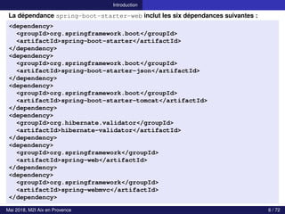 Introduction
La dépendance spring-boot-starter-web inclut les six dépendances suivantes :
<dependency>
<groupId>org.springframework.boot</groupId>
<artifactId>spring-boot-starter</artifactId>
</dependency>
<dependency>
<groupId>org.springframework.boot</groupId>
<artifactId>spring-boot-starter-json</artifactId>
</dependency>
<dependency>
<groupId>org.springframework.boot</groupId>
<artifactId>spring-boot-starter-tomcat</artifactId>
</dependency>
<dependency>
<groupId>org.hibernate.validator</groupId>
<artifactId>hibernate-validator</artifactId>
</dependency>
<dependency>
<groupId>org.springframework</groupId>
<artifactId>spring-web</artifactId>
</dependency>
<dependency>
<groupId>org.springframework</groupId>
<artifactId>spring-webmvc</artifactId>
</dependency>
Mai 2018, M2I Aix en Provence 6 / 72
 