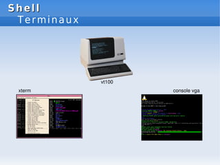 Shell
Shell
Terminaux
xterm
vt100
console vga
 