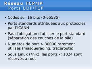 Réseau TCP/IP
Réseau TCP/IP
Ports UDP/TCP
● Codés sur 16 bits (0-65535)
● Ports standards attribuées aux protocoles
par l’ICANN
● Pas d'obligation d'utiliser le port standard
(séparation des couches de la pile)
● Numéros de port > 30000 rarement
utilisés (masquerading, traceroute)
● Sous Linux (*nix), les ports < 1024 sont
réservés à root
 