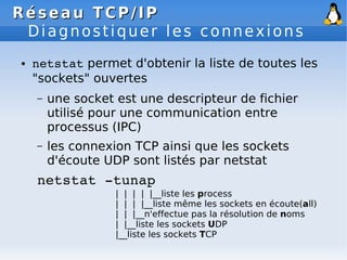 Réseau
Réseau TCP/IP
TCP/IP
Diagnostiquer les connexions
● netstat permet d'obtenir la liste de toutes les
"sockets" ouvertes
– une socket est une descripteur de fichier
utilisé pour une communication entre
processus (IPC)
– les connexion TCP ainsi que les sockets
d'écoute UDP sont listés par netstat
netstat ­tunap
| | | | |__liste les process
| | | |__liste même les sockets en écoute(all)
| | |__n'effectue pas la résolution de noms
| |__liste les sockets UDP
|__liste les sockets TCP
 