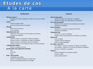 Etudes de cas
Etudes de cas
A la carte
Urgences
Urgences
●
Out of swap space
Out of swap space
– rajouter du swap à la volée par un swapfile
– rajouter du swap à la volée depuis une partition
●
Too much processes
Too much processes
– déterminer les causes d'une surcharge en processus
– remédier au problème
●
Out of memory
Out of memory
– determiner la cause du manque de mémoire
– remédier au problème
●
Filesystem full
Filesystem full
– trouver d'ou vient le problème
– mettre en place des quotas pour remédier au problème
●
Disque HS
Disque HS
– merci le RAID1
– changer le disque défaillant
– tester le disque défaillant
●
Au voleur, mon init !
Au voleur, mon init !
– init à disparu : booter le système et réparer le problème
– init à disparu : booter sur un CD live et réparer le problème
– trouver, si possible, le coupable
●
Pirates !
Pirates !
– vérifier l'intégrité d'un système suspect
– trouver la faille
– quels enseignements ?
Configuration
Configuration
● Filtrage niveau 7
– compiler un kernel et iptables et mettre en place du filtrage
niveau 7
●
xinetd
xinetd
– mettre en place xinetd
– ouvrir les services echo et chargen
●
Filtrage
Filtrage
– filtrer tous les services
– ouvrir chargen
●
Déploiement de ssh
Déploiement de ssh
– déterminer les causes d'une surcharge en processus
– remédier au problème
●
Looping back
Looping back
– mettre en place un filesystem chiffré en loopback
– mettre en place un filesystem sur RAID en loopback
– mettre en place un filesystem LVM2 en loopback
– mettre en place une combinaison (deux ou trois ensemble)
●
L'attaque des clones
L'attaque des clones
– cloner un système avec dd
●
Synchroniser des répertoires distants
Synchroniser des répertoires distants
– scp
scp
– tar & ssh
tar & ssh
– rsync
rsync
●
fuser : tout monter
fuser : tout monter
– compilation de curlftps
compilation de curlftps
– monter un filesystem depuis un serveur ftp
monter un filesystem depuis un serveur ftp
– faire unscript type SysV pour le montage
faire unscript type SysV pour le montage
 