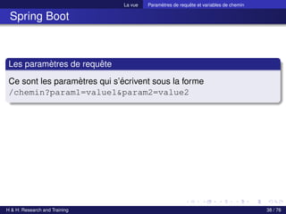 La vue Paramètres de requête et variables de chemin
Spring Boot
Les paramètres de requête
Ce sont les paramètres qui s’écrivent sous la forme
/chemin?param1=value1&param2=value2
H & H: Research and Training 38 / 76
 