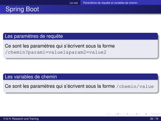 La vue Paramètres de requête et variables de chemin
Spring Boot
Les paramètres de requête
Ce sont les paramètres qui s’écrivent sous la forme
/chemin?param1=value1&param2=value2
Les variables de chemin
Ce sont les paramètres qui s’écrivent sous la forme /chemin/value
H & H: Research and Training 38 / 76
 