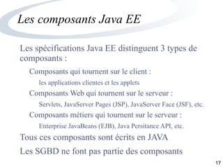 17
Les composants Java EE
Les spécifications Java EE distinguent 3 types de
composants :
Composants qui tournent sur le client :
les applications clientes et les applets
Composants Web qui tournent sur le serveur :
Servlets, JavaServer Pages (JSP), JavaServer Face (JSF), etc.
Composants métiers qui tournent sur le serveur :
Enterprise JavaBeans (EJB), Java Persitance API, etc.
Tous ces composants sont écrits en JAVA
Les SGBD ne font pas partie des composants
 