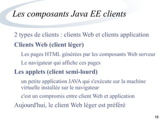 18
Les composants Java EE clients
2 types de clients : clients Web et clients application
Clients Web (client léger)
Les pages HTML générées par les composants Web serveur
Le navigateur qui affiche ces pages
Les applets (client semi-lourd)
un petite application JAVA qui s'exécute sur la machine
virtuelle installée sur le navigateur
c'est un compromis entre client Web et application
Aujourd'hui, le client Web léger est préféré
 