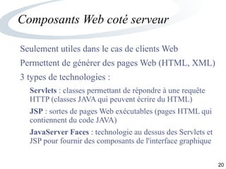 20
Composants Web coté serveur
Seulement utiles dans le cas de clients Web
Permettent de générer des pages Web (HTML, XML)
3 types de technologies :
Servlets : classes permettant de répondre à une requête
HTTP (classes JAVA qui peuvent écrire du HTML)
JSP : sortes de pages Web exécutables (pages HTML qui
contiennent du code JAVA)
JavaServer Faces : technologie au dessus des Servlets et
JSP pour fournir des composants de l'interface graphique
 