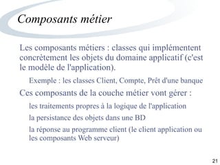 21
Composants métier
Les composants métiers : classes qui implémentent
concrètement les objets du domaine applicatif (c'est
le modèle de l'application).
Exemple : les classes Client, Compte, Prêt d'une banque
Ces composants de la couche métier vont gérer :
les traitements propres à la logique de l'application
la persistance des objets dans une BD
la réponse au programme client (le client application ou
les composants Web serveur)
 