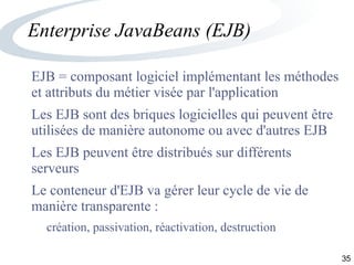 35
Enterprise JavaBeans (EJB)
EJB = composant logiciel implémentant les méthodes
et attributs du métier visée par l'application
Les EJB sont des briques logicielles qui peuvent être
utilisées de manière autonome ou avec d'autres EJB
Les EJB peuvent être distribués sur différents
serveurs
Le conteneur d'EJB va gérer leur cycle de vie de
manière transparente :
création, passivation, réactivation, destruction
 