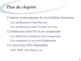5
Plan du chapitre
Contexte et introduction de Java Edition Entreprise
Les architectures Client/Serveur
Les architectures multi-niveaux ou n-tier
L'architecture Java EE et ses composants
Les différentes couches et leurs composants
Les conteneurs et serveurs d'application
Un survol des APIs disponibles
Web, XML, persistance, etc.
 