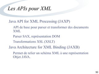 50
Les APIs pour XML
Java API for XML Processing (JAXP)
API de base pour parser et transformer des documents
XML
Parser SAX, représentation DOM
Transformations XSL (XSLT)
Java Architecture for XML Binding (JAXB)
Permet de relier un schéma XML à une représentation
Objet JAVA.
 