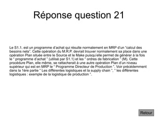Réponse question 21
Le S1.1. est un programme d’achat qui résulte normalement en MRP d’un “calcul des
besoins nets”. Cette opération du M.R.P. devrait trouver normalement sa place dans une
opération Plan située entre le Source et le Make puisqu’elle permet de générer à la fois
le “ programme d’achat ” (utilisé par S1.1) et les “ ordres de fabrication ” (M). Cette
procédure Plan, elle même, se rattacherait à une autre opération Plan d’un niveau
supérieur qui est en MRP le “ Programme Directeur de Production ”. Voir précédemment
dans la 1ère partie “ Les différentes logistiques et la supply chain ”, “ les différentes
logistiques : exemple de la logistique de production ”.
Retour
 