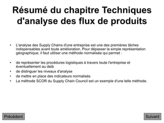 Résumé du chapitre Techniques
d'analyse des flux de produits
• L'analyse des Supply Chains d'une entreprise est une des premières tâches
indispensables avant toute amélioration. Pour dépasser la simple représentation
géographique, il faut utiliser une méthode normalisée qui permet :
• de représenter les procédures logistiques à travers toute l'entreprise et
éventuellement au delà
• de distinguer les niveaux d'analyse
• de mettre en place des indicateurs normalisés
• La méthode SCOR du Supply Chain Council est un exemple d'une telle méthode.
Suivant
Précédent
 