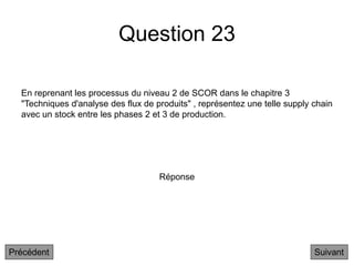 Question 23
En reprenant les processus du niveau 2 de SCOR dans le chapitre 3
"Techniques d'analyse des flux de produits" , représentez une telle supply chain
avec un stock entre les phases 2 et 3 de production.
Suivant
Réponse
Précédent
 
