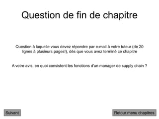 Question de fin de chapitre
Suivant
Question à laquelle vous devez répondre par e-mail à votre tuteur (de 20
lignes à plusieurs pages!), dès que vous avez terminé ce chapitre
A votre avis, en quoi consistent les fonctions d'un manager de supply chain ?
Retour menu chapitres
 